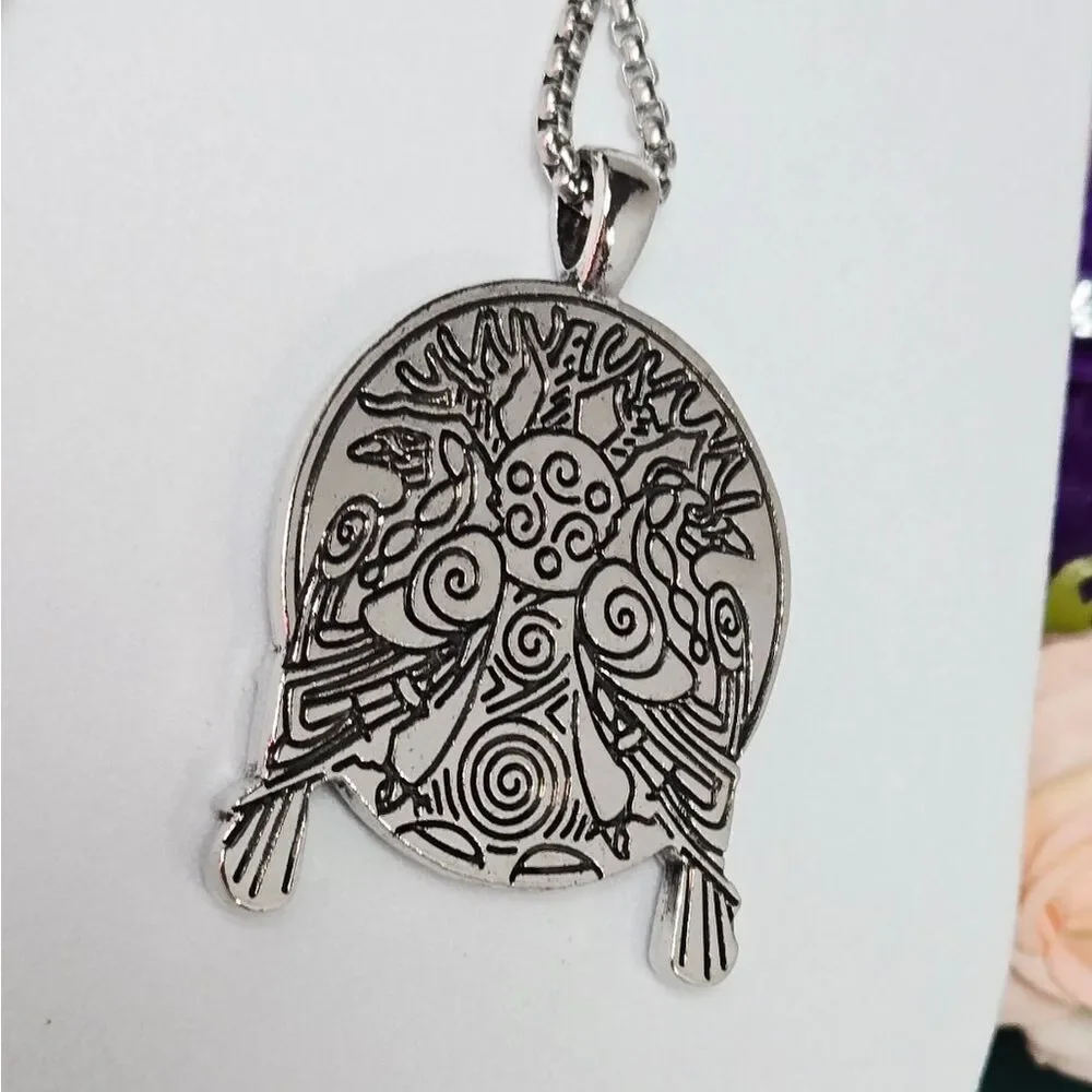 Tree of Life Raven Necklace Odin Huginn & Muninn Viking Crow Medieval Medallion